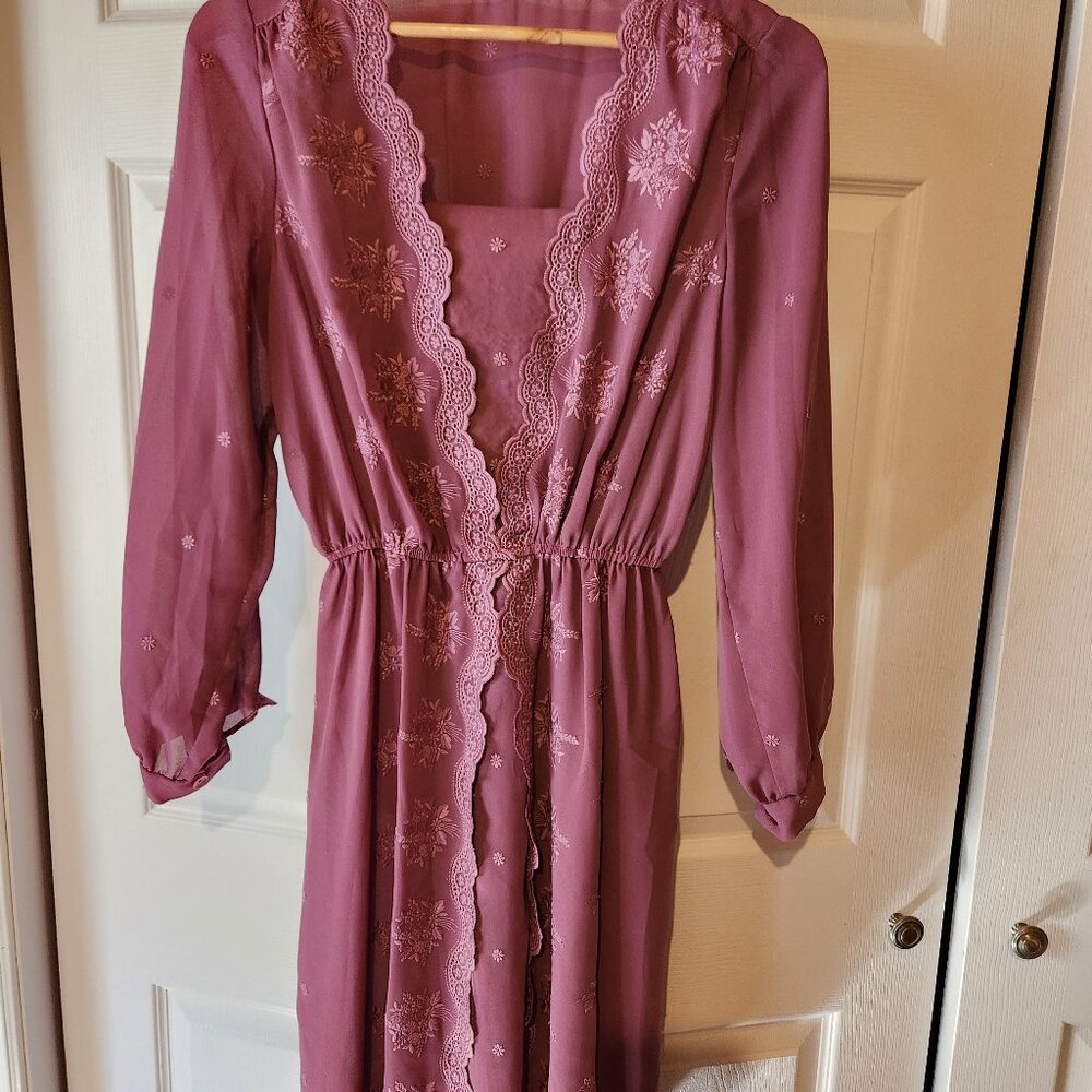 VINTAGE Mauve Lace Chiffon Dress S - Picture 2 of 5